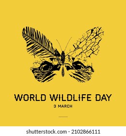 World Wildlife Day Poster - 3. März. Schöne Schmetterlingssilhouette-Illustration. Die Flügel sind aus natürlichen Mustern.