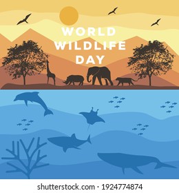 Welttourenposter mit Tiersilhouette-Illustration. Vektor der tierischen Silhouette auf dem Dschungel und dem Ozean