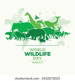 Poster zum Welttag der Wildtiere mit Tiersilhouetten Vektor-Illustration. Wilde Tiere grüne Silhouetten Vektor. Symbol für Umweltschutz. Geeignet für Karte, Hintergrund, Banner. 3. März jedes Jahr