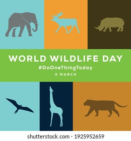 afiche del día mundial de la vida salvaje con silueta de animales sobre fondo colorido