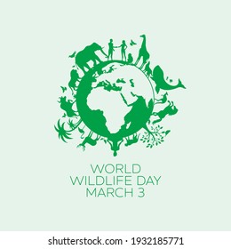 World Wildlife Day Poster with animals and planet earth green silhouette icon vector. Green Planet Earth with fauna and flora vector. Group of animals icon. Environmental concept vector. Important day