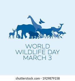 World Wildlife Day Poster with blue silhouettes of wild animals icon vector. Wild animals silhouette set. Environmental icon vector. Group of animals icon. Wildlife Day Poster, March 3. Important day