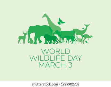 World Wildlife Day Poster with green silhouettes of wild animals icon vector. Wild animals silhouette set. Environmental icon vector. Group of animals icon. Wildlife Day Poster, March 3. Important day - Shutterstock ID 1929902732