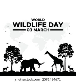 World Wildlife Day Poster,  Group of animals icon. Wildlife Day Poster, March 3. World Wild life Day. March 3rd World Wildlife day celebration banner with  silhouette wild animals.