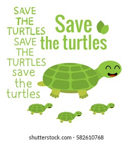 World Wildlife Day. Save the turtles. Vector illustration. Handwritten inscription. Isolated on white background. Turtle with a small turtle.