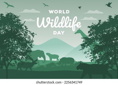 silueta del día mundial de la vida silvestre con animales en el bosque