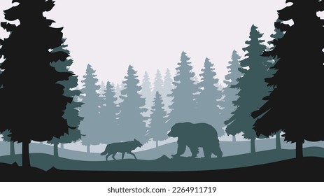 World Wildlife Day and silhouettes bear   wolf  Simple snowy forest background  Gradient background  Spruce tree in snowy season background