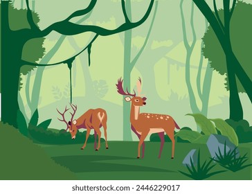 World Wildlife Day with silhouettes of deer, Simple forest background, Male and Female Deer Background