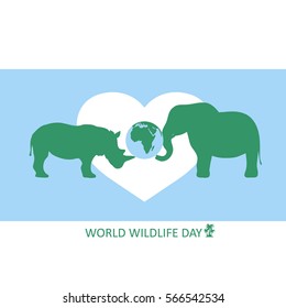 World Wildlife Day. Silhouettes of elephant and rhinoceros. Globe with Africa. Vector illustration for you design, banner and poster, card or calendar.