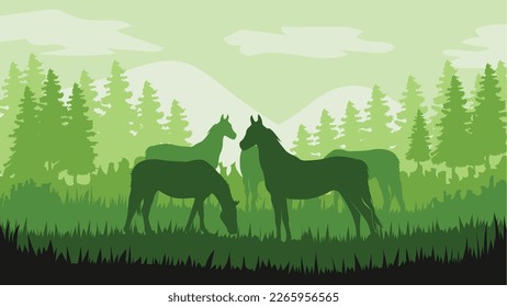 World Wildlife Day with silhouettes of Horse, Simple grassland background, Green gradient background, Animals background, Horses background, Pasture, Meadow