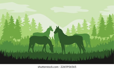 Welt-Wildtiertag mit Silhouetten für Pferde, einfarbiger Graslandhintergrund, grüner Farbverlauf-Hintergrund, Tierhintergrund, Pferdehintergrund, Weide, Wiese