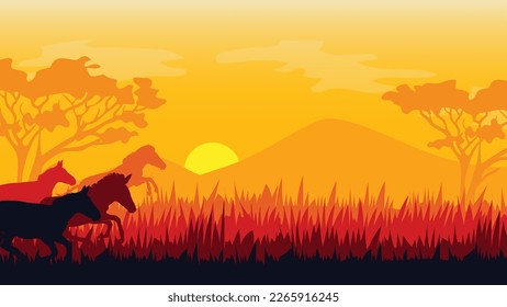 World Wildlife Day with silhouettes of Zebras, Simple savanna background, Orange gradient background, Sunset background, Animals background
