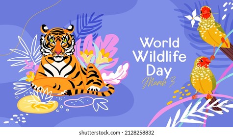 World Wildlife Day with tiger and finch bird with jungle plant. Tropic wildlife. Flat style vector illustration. Cute animal character