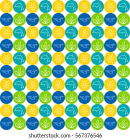 World Wildlife Day tileable background. Vector design element, seamless pattern with with symbols of plants and animals. Green leaves, dolphin, bird and beetle