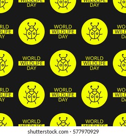 World Wildlife Day tileable background. Vector design element, seamless pattern with symbols of insects. Yellow ladybug and text on black