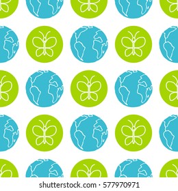 World Wildlife Day tileable background. Vector design element, seamless pattern with symbols of planet Earth and insects. Green butterfly and blue globe on white