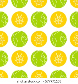 World Wildlife Day tileable background. Vector design element, seamless pattern with symbols of planet Earth and insects. Green globe and yellow ladybug on white