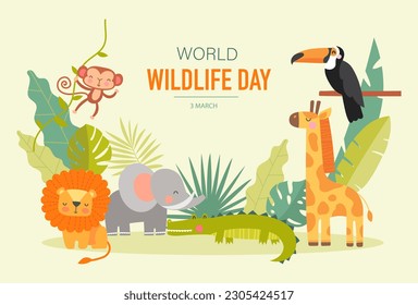 World wildlife Day. Tropical and exotic mammals, african Savannah and fauna. Lion, crocodile, giraffe and elephant. Biology and zoology. March 3 holiday. Cartoon flat vector illustration