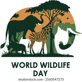 World Wildlife Day typography with animal's silhouette vector art and illustration.