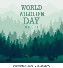 World Wildlife Day vector illustration with animals in forest.