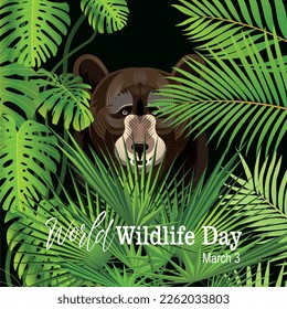 World Wildlife Day vector illustration with animals in forest.