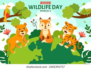 World Wildlife Day Vector Illustration on March 3 with Various a Animals to Protection Animal and Preserve Their Habitat in Forest in Flat Background