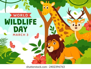 World Wildlife Day Vector Illustration on March 3 with Various a Animals to Protection Animal and Preserve Their Habitat in Forest in Flat Background