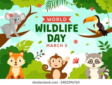 World Wildlife Day Vector Illustration on March 3 with Various a Animals to Protection Animal and Preserve Their Habitat in Forest in Flat Background