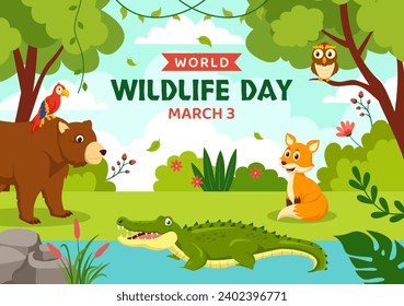 World Wildlife Day Vector Illustration on March 3 with Various a Animals to Protection Animal and Preserve Their Habitat in Forest in Flat Background