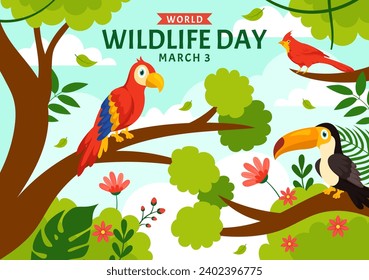 World Wildlife Day Vector Illustration on March 3 with Various a Animals to Protection Animal and Preserve Their Habitat in Forest in Flat Background