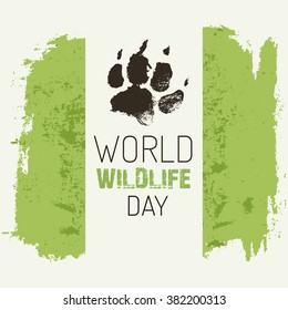 World wildlife day. Vector poster (banner or card template) with wolf footprint.