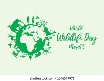 Vector del Día Mundial de la Vida Silvestre. Silueta de animales salvajes. Vector del planeta verde. Planeta Tierra con fauna y flora vectorial. Vector de concepto ambiental. Afiche del Día de la Vida Salvaje, 3 de marzo. Día importante