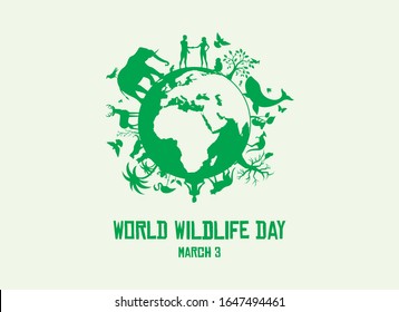 World Wildlife Day vector. Wild animals silhouette. Green planet icon vector. Planet Earth with fauna and flora vector. Environmental concept vector. Wildlife Day Poster, March 3. Important day