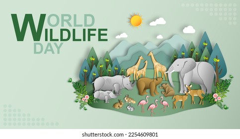 World wildlife day, Wild animals and Natural botanical paper art style, Environment conservation, National park, Sustainable of Ecology concept, Think green nature, Save the planet and Eco friendly.