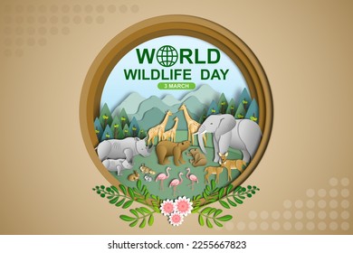 World wildlife day, Wild animals and Natural botanical paper art style, Environment conservation, National park, Sustainable of Ecology concept, Think green nature, Save the planet and Eco friendly.