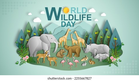 Día Mundial de la Vida Silvestre, Animales salvajes y Estilo de arte de papel botánico natural, Conservación del Medio Ambiente, Parque Nacional, Concepto de Sustentabilidad de la Ecología, Pensar en la naturaleza verde, Salvar el planeta y Eco amigable.