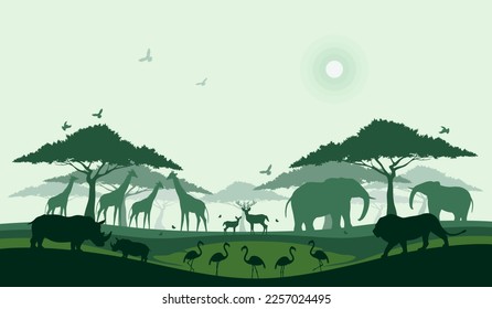 Weltorganisation für Tierwelt, Wildtiere und Naturbotanische, Grassland-Safari, Umweltschutz, Nationalpark, Nachhaltiges Ökokonzept, Grün denken, Planet retten und umweltfreundlich.