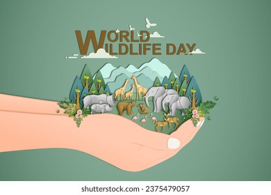 World wildlife day, Wild animals and Natural botanical paper art style, Environment conservation, National park, Sustainable of Ecology concept, Think green nature, Save the planet and Eco friendly.