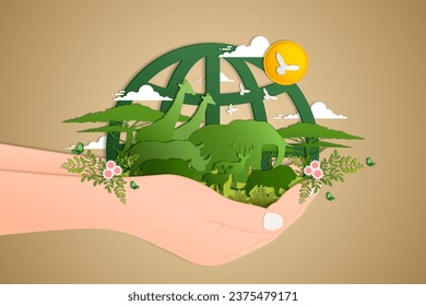 World wildlife day, Wild animals and Natural botanical paper art style, Environment conservation, National park, Sustainable of Ecology concept, Think green nature, Save the planet and Eco friendly.