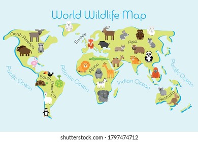 World Wildlife Map - continents with typical fauna. Funny cartoon animals. Children carpet or poster. Vector illustration.