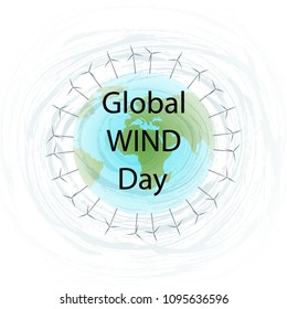 World Wind Day concept. Planet Earth and wind turbines. Vector illustration