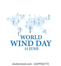 World wind day vector illustration. world wind day, wind day with turbines and world map. 15 June global wind day	