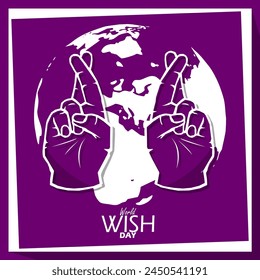 World Wish Day event banner. Illustration of a crossed fingers gesture with the earth on a dark purple background to celebrate April 29th