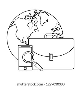 World wit smartphone and briefcase in black and white