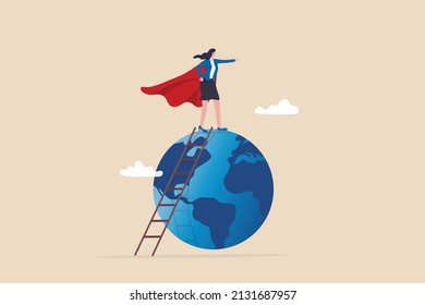 World woman leader, feminism or female CEO to lead international company, superhero lady to point direction for future success concept, businesswoman superhero on world planet earth pointing direction