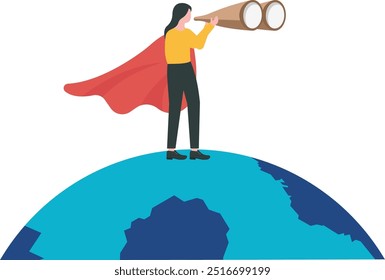 Líder mundial de mujeres, feminismo o directora ejecutiva femenina para liderar una compañía internacional, dama superheroína para señalar la dirección del futuro concepto de éxito, empresaria superheroína en el mundo planeta tierra apuntando hacia la dirección