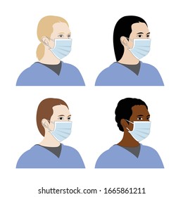 world woman wearing mask flat vector illustration bundle set