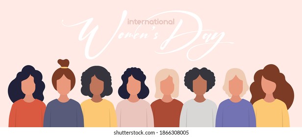 World womens day banner. Women of the world. A group of girls. Vector.