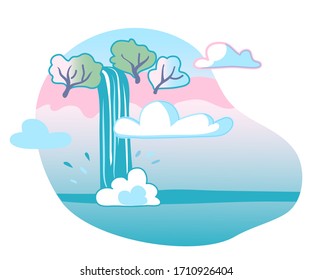 World wonder nature waterfall cascade touristic place attraction. Falling pure water stream. Travel tourism. Vector natural landscape cutout design. Environment sightseeing illustration