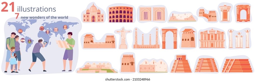 World wonders composition set with tourism symbols flat isolated vector illustration